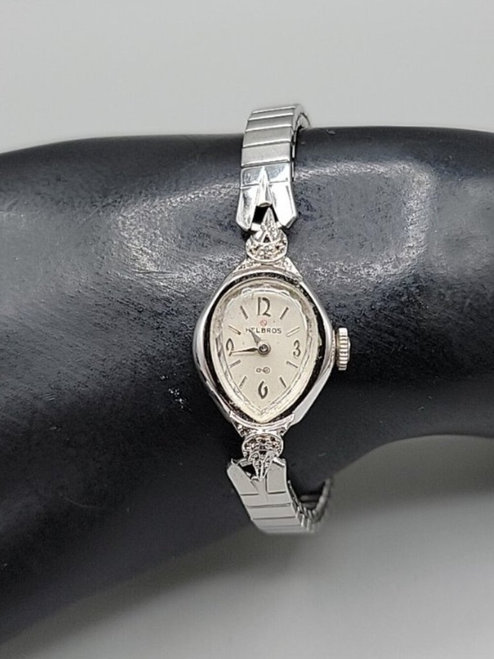 Helbros Diamond Ladies Wind Watch 6.5" White 10kgp Gold Plated 17mm Vintage